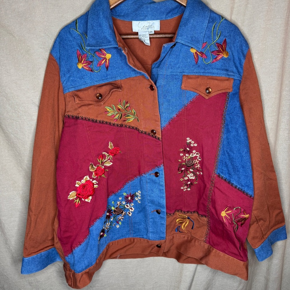 Vintage Y2K Patchwork Floral Embroidered Jacket Womens 2X Blue Denim